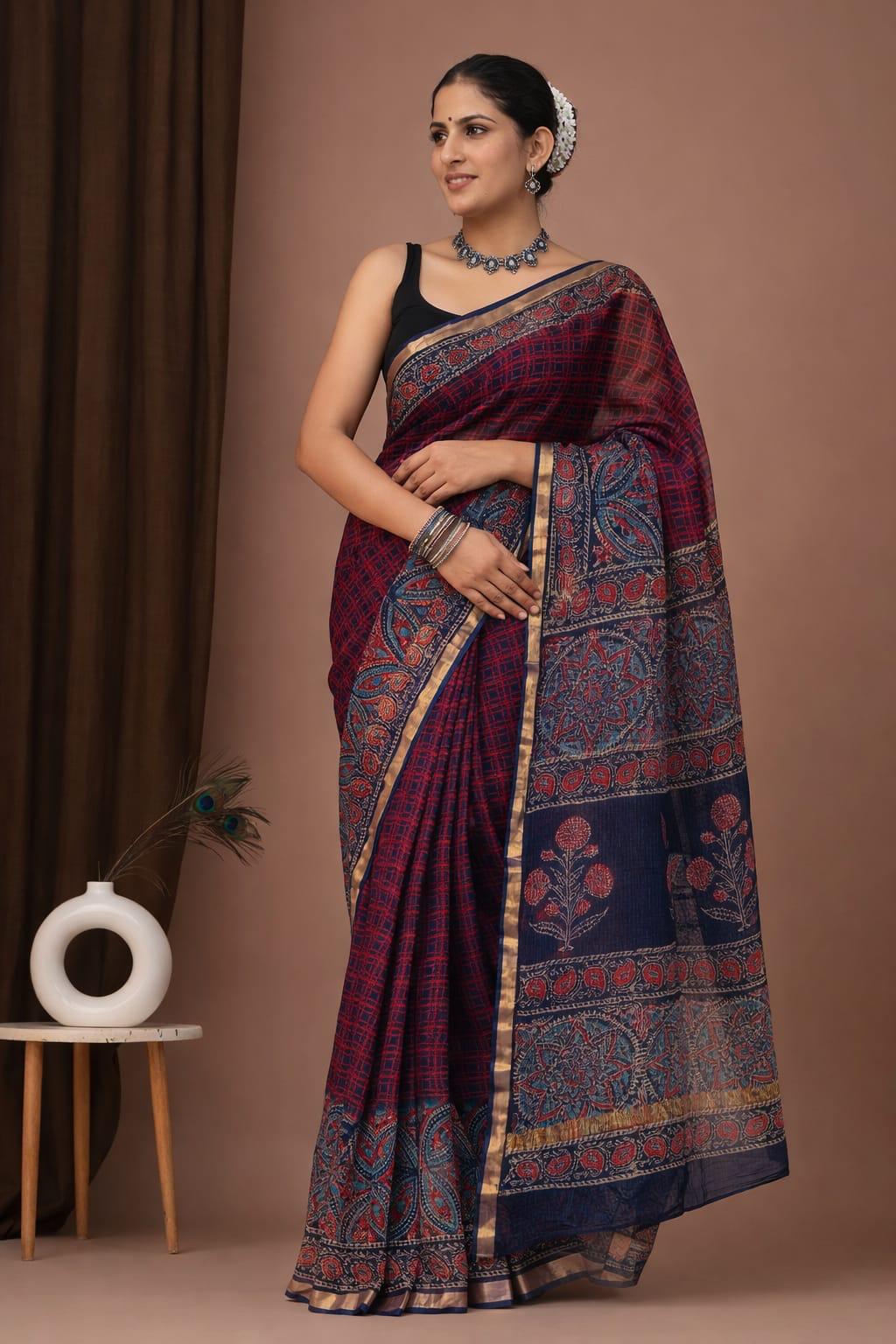 New Unique collection of Colourful Bagru Hand block printed kota doriya sarees with blouse
