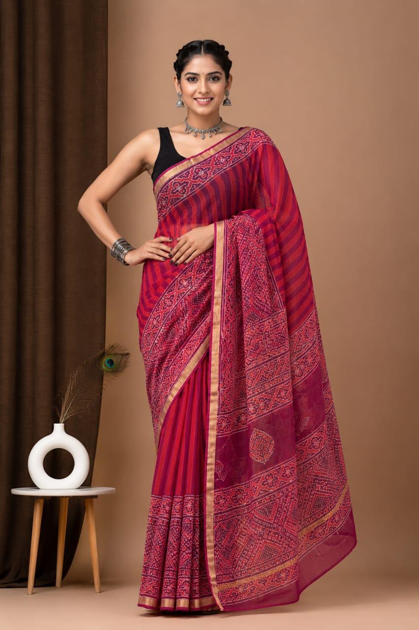 New Unique collection of Colourful Bagru Hand block printed kota doriya sarees with blouse