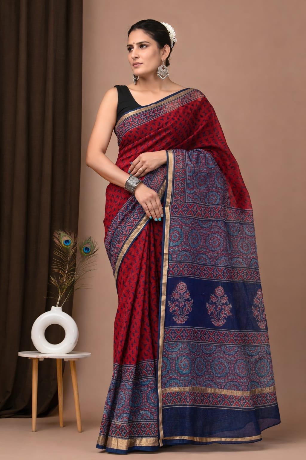 New Unique collection of Colourful Bagru Hand block printed kota doriya sarees with blouse